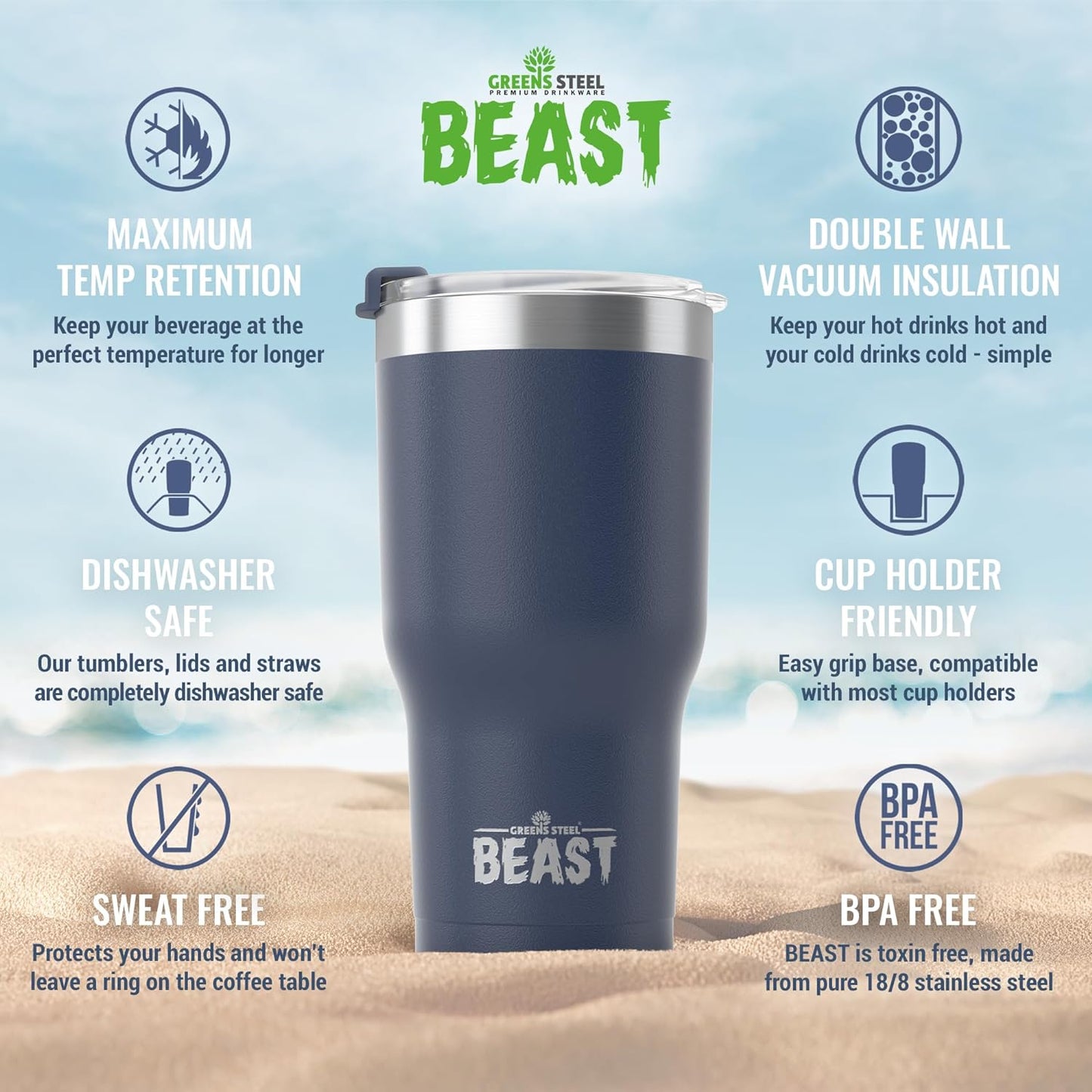 Beast 20 oz Tumbler Stainless Steel Vacuum Insulated Coffee Ice Cup Double Wall Travel Flask (Navy Blue)