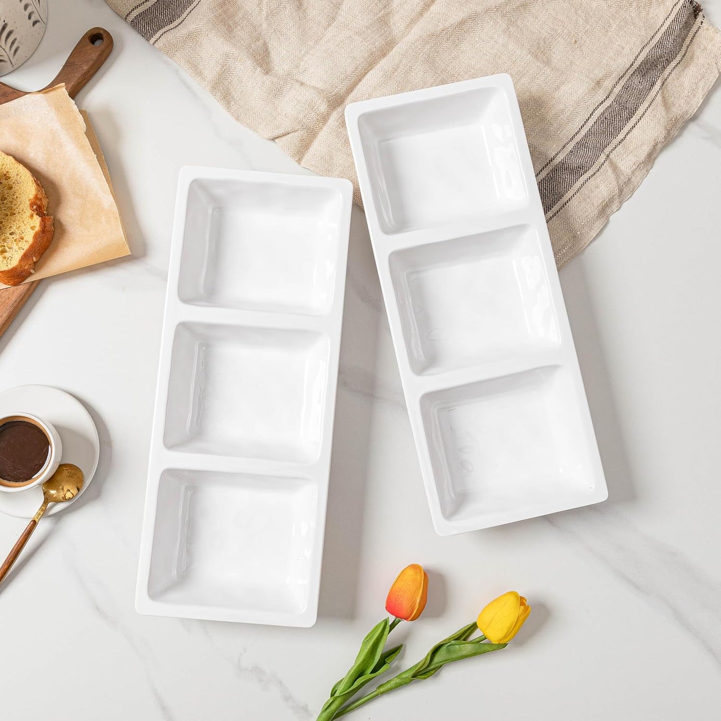 Divided Serving Tray, 14.75”x 6” Reusable 3-Section Party Platters, Condiment Serving Dishes for Entertaining, Ideal for Snacks, Appetizers, Fruit, Candy, Chip & Dip Set,White