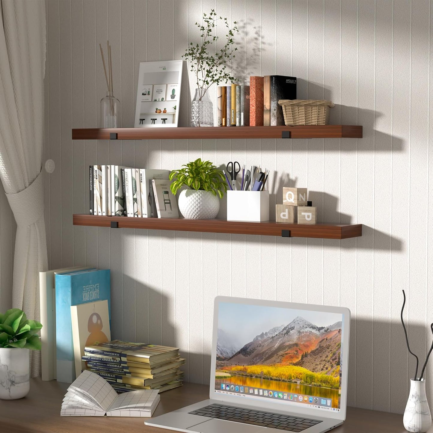 CONSDAN Floating Shelf for Wall Mounted Book Shelf Hanging Shelves Floating Bookshelf for Bedroom, Bathroom, Living Room, Kitchen USA Grown Solid Hardwood, Dark Maple 48x7.5x1.5 in