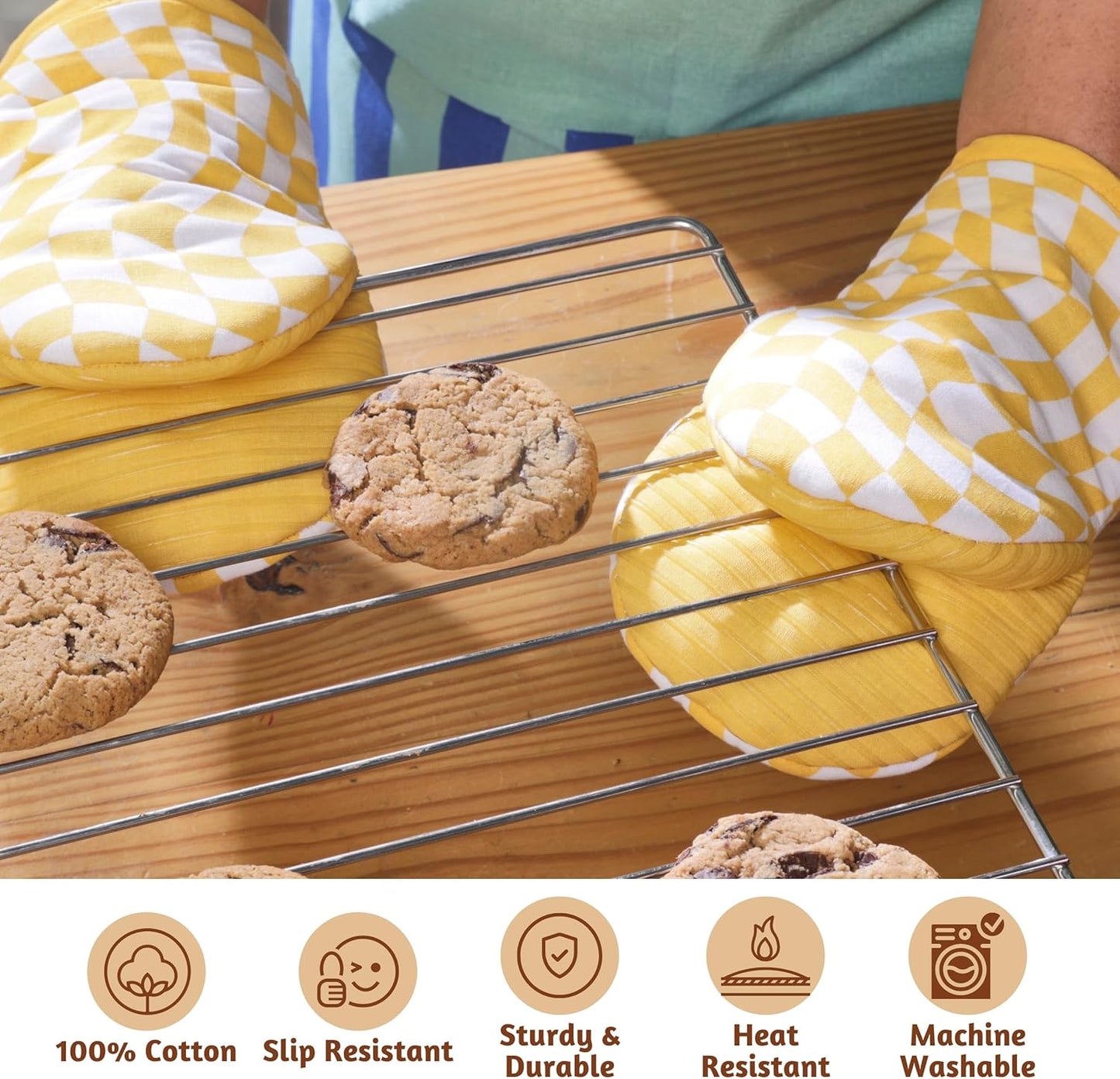 Folkulture Mini Oven Mitts or Short Oven Mitts | (5.75 x 9) Set of 2 Cotton Yellow Oven Mits Heat Resistant for Kitchen Decor | Yellow Check Kitchen Mittens or Oven Mitt with Hanging Loop