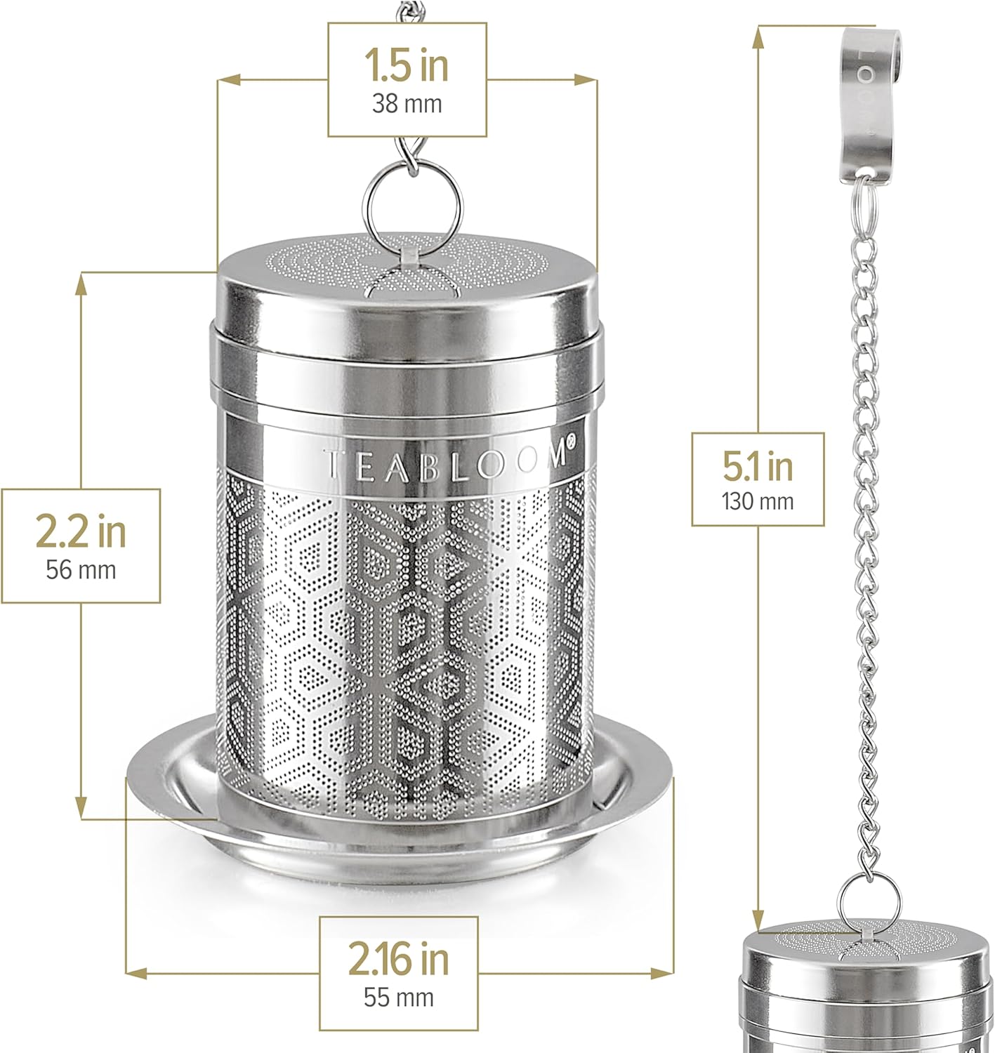 Teabloom Elegant Stainless Steel Loose Leaf Tea Infuser – Tea Connoisseur's Choice for White, Green, Oolong, Black, and Herbal Teas – Geometric Blossom Design – Small Size