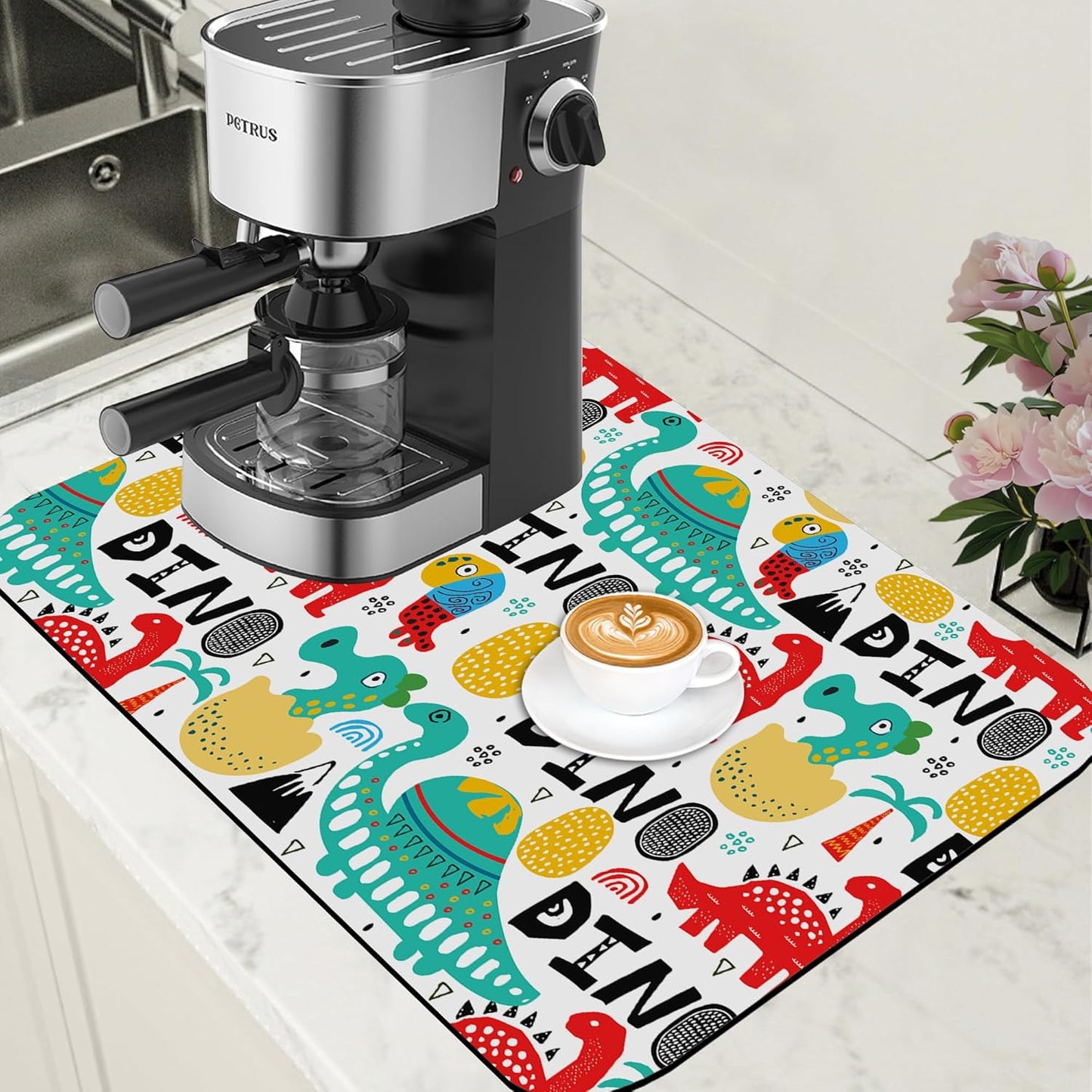 Dinosaur with Palms and Eggs Coffee Mat Absorbent Dish Drying Mat for Kitchen Counter Hide Stain Rubber Backed Coffee Bar Accessories Fit Under Espresso Machine Dish Drainer, 15.7 x 23.6 Inch