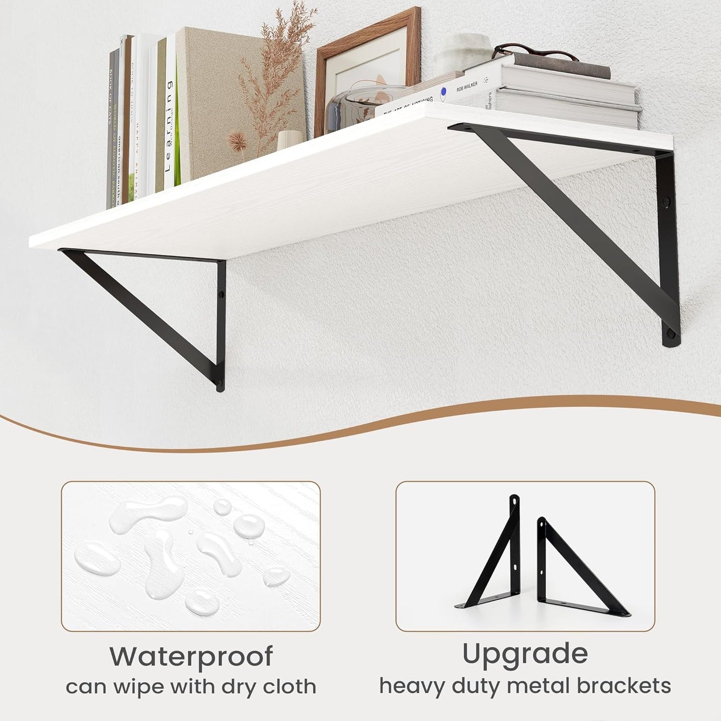 Heimlove White Deep Floating Shelves for Wall, 30W x 8D Wood Wall Shelves Set of 2, Wide Floating Bookshelf for Living Room, Kitchen, Office, Bedroom and Decor Storage, with Black Bracket - White