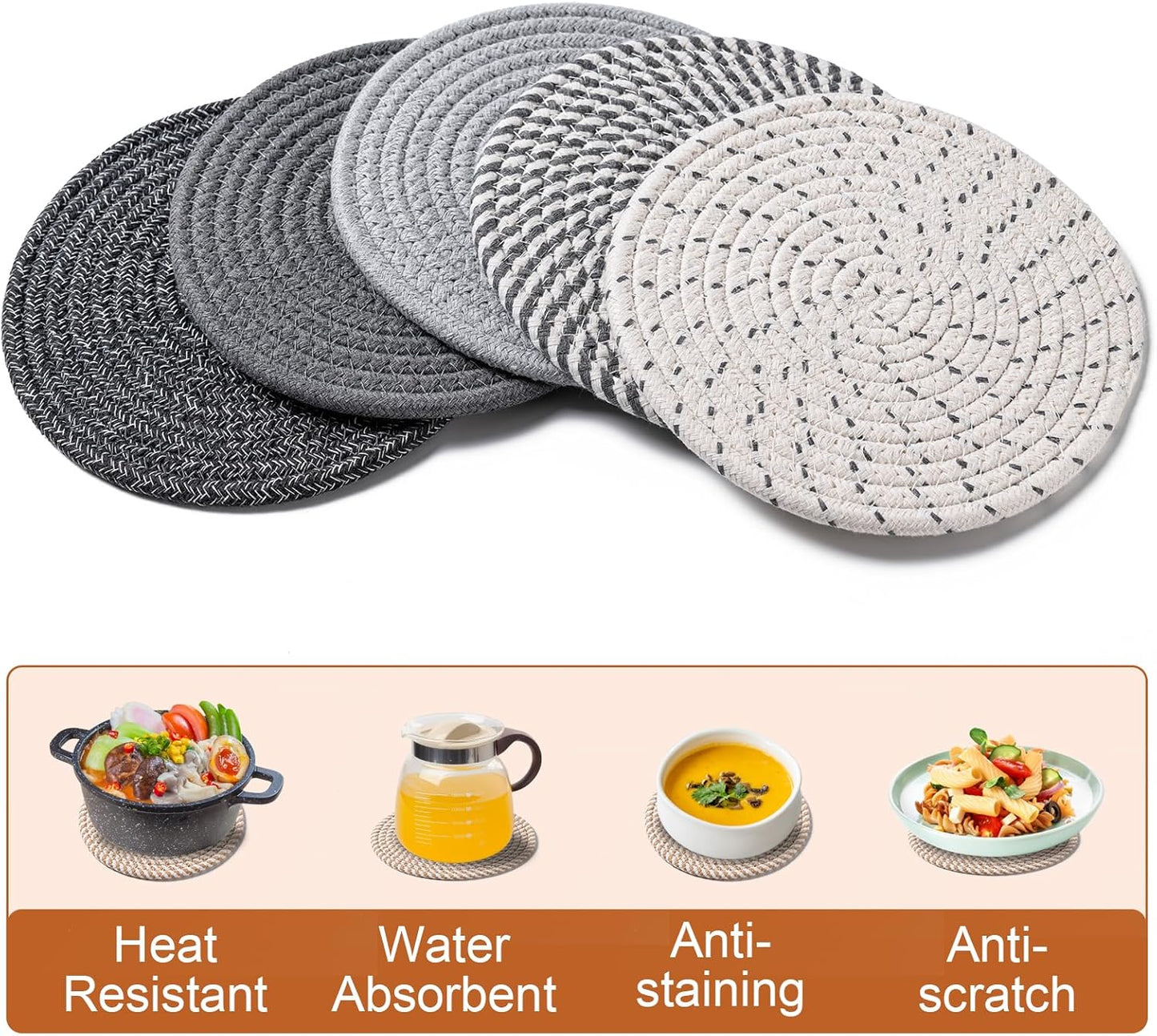 7 Inch Trivets for Hot Dishes, Pots and Pans, 5 Heat Resistant Pot Holders for Kitchen, Home Essentials, Hot Pads for Countertop and Table, Farmhouse Decor Vase Mats, Gray