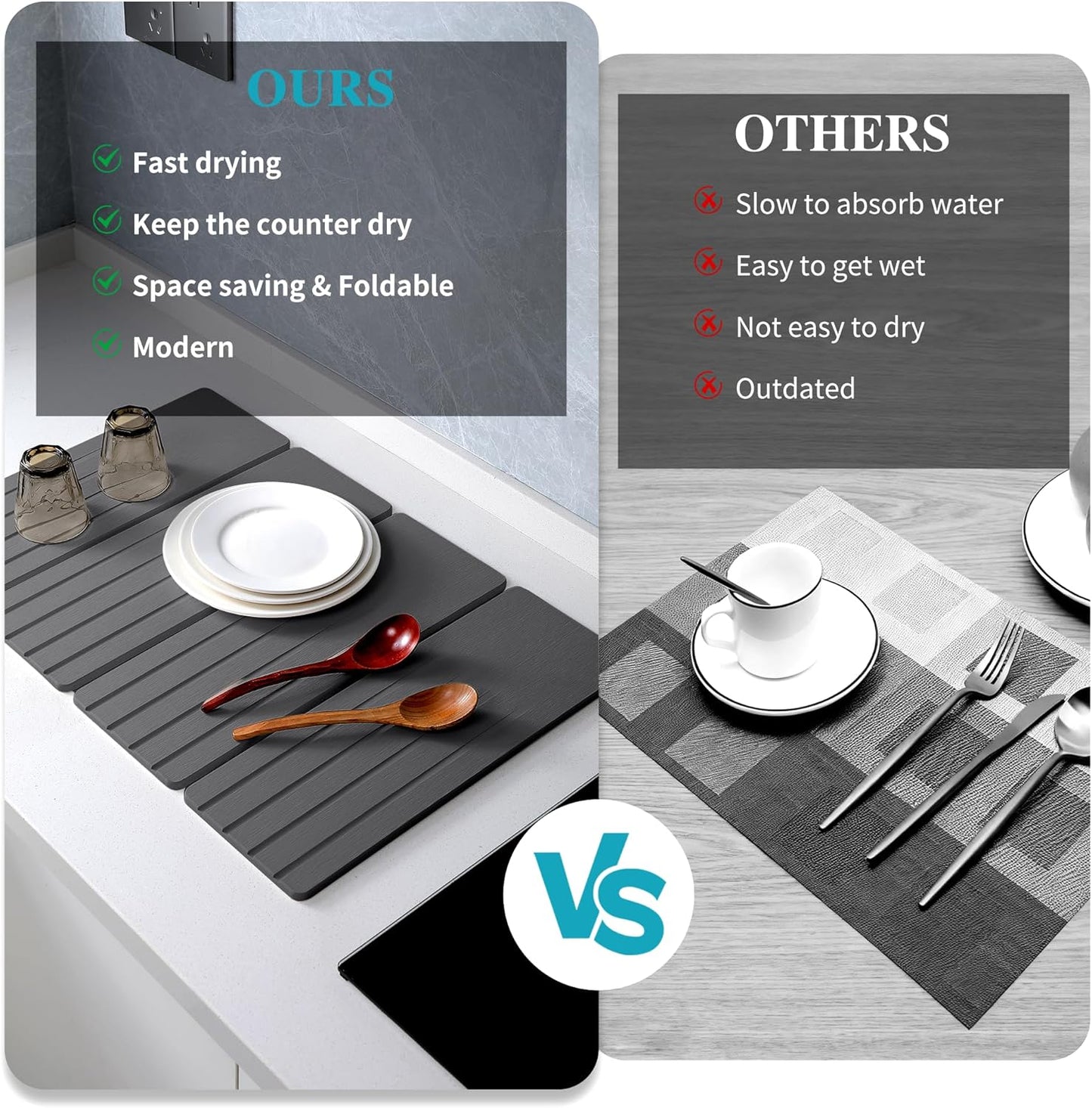 Extral Large Quick Dry Stone Drying Mat for Kitchen Counter,28x16 Inch Collapsible Eco-Friendly Absorbent Diatomaceous Earth Mat for Dishes Cups (Deep Gray-Upgraded Version, 24x16 inch)