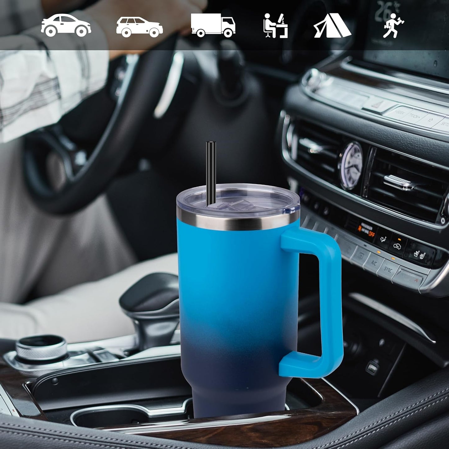 DOMICARE 40 oz Tumbler with Handle and Straw, Stainless Steel Tumbler with Lid and Straw, Reusable Vacuum Insulated Cup, Travel Coffee Mug, Blue Gradient, 4Pack