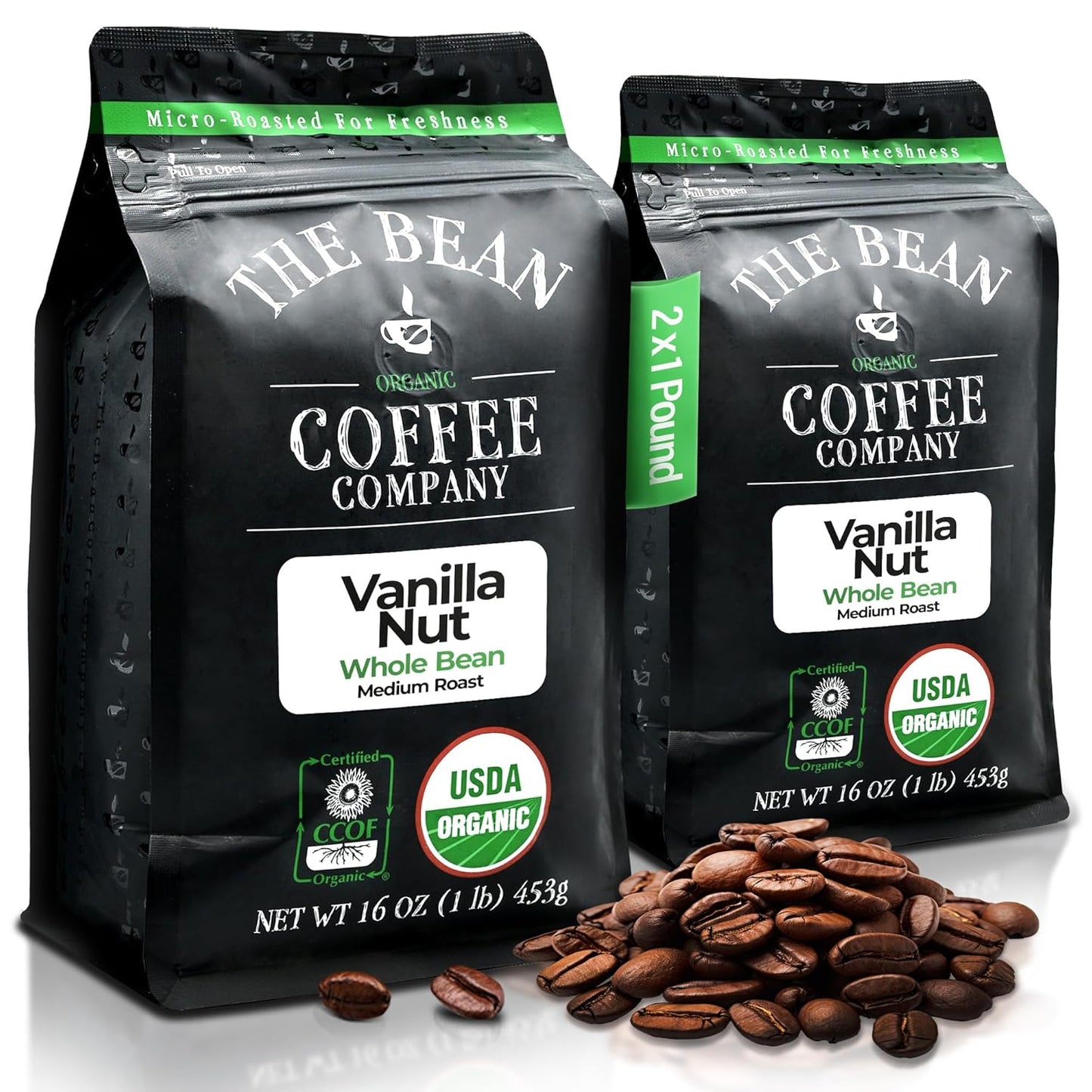 The Bean Organic Coffee Company Vanilla Nut, Medium Roast, Whole Bean Coffee, 16-Ounce Bags (Pack of 2)