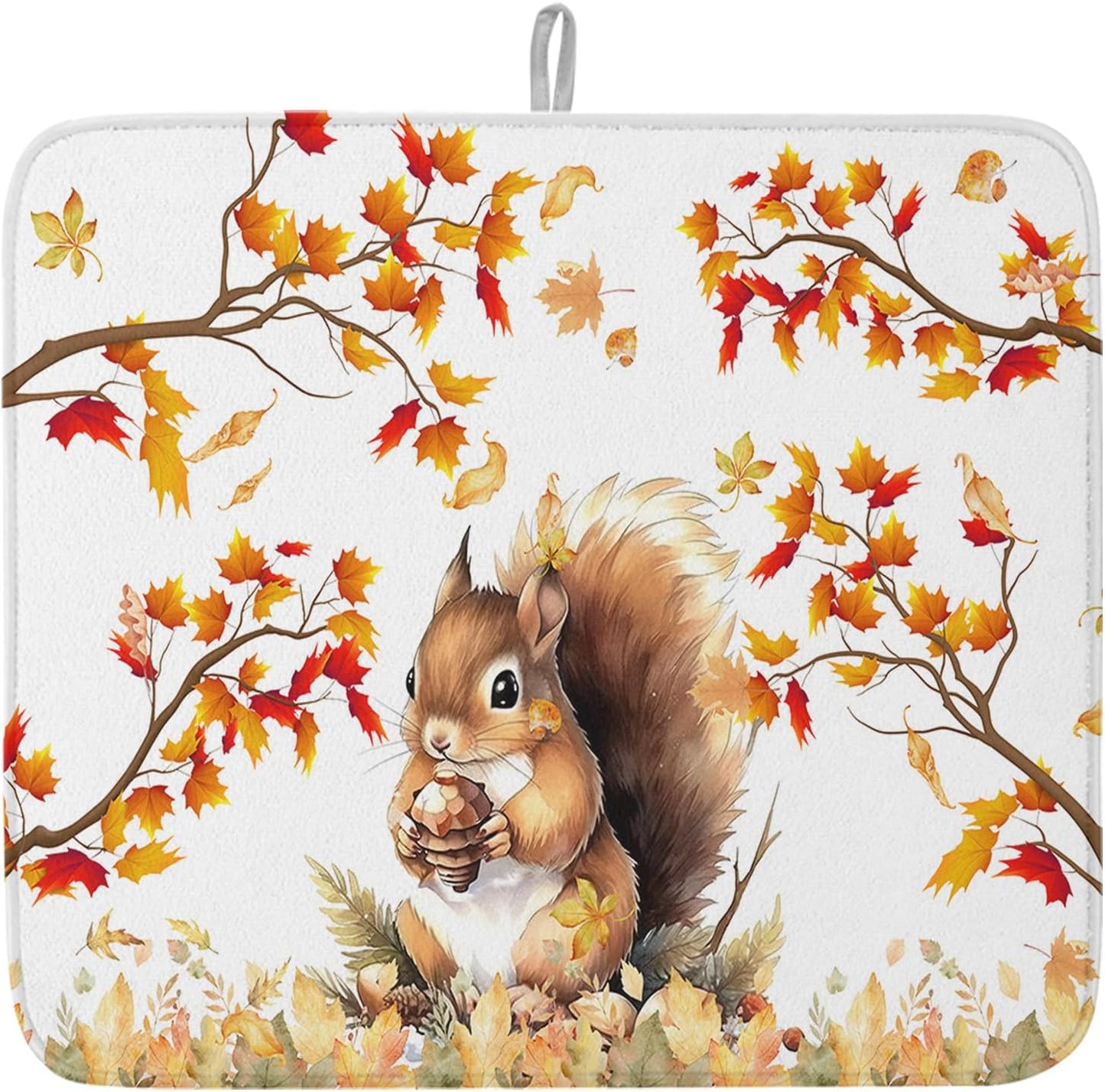 Fall Dish Drying Mat for Kitchen Counter Squirrel Drying Pad Absorbent Drying Mats for Countertops Sinks Draining Racks Pine Cone Autumn Maple Leaves Drainer Holiday Harvest Thanksgiving Decor 18x24