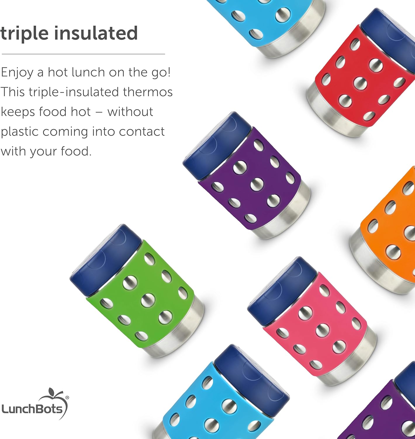 LunchBots Thermal 12 oz Triple Insulated Thermos - Hot 6 Hours or Cold 12 Hours - Leak Proof Thermos Soup Jar - All Stainless Interior - Navy Lid - Green Dots