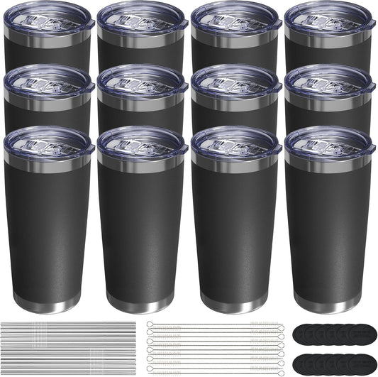 Travel Coffee Tumbler 20oz, 12 Pack Leakproof Travel Coffee Mug with Lid and Straw, Stainless Steel Double Wall Vacuum Insulated Tumbler for Hot/Iced Drinks (Textured Matte, Black)