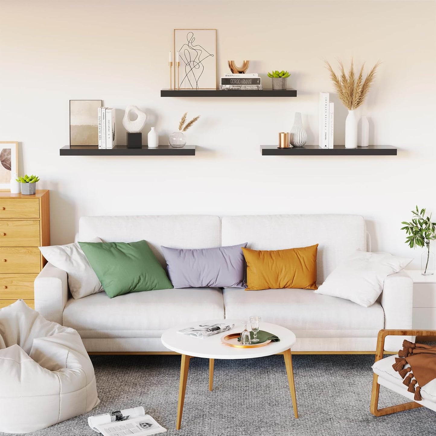 Floating Shelves - Black Wood Wall Shelf Set of 3, 24" Wall Mounted, Kitchen, Living Room, Bedroom, Bathroom Storage, Book Shelf, Frame Display