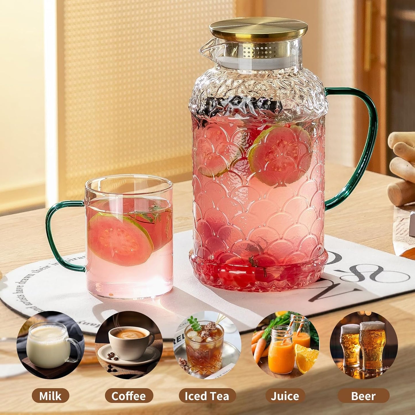 2 PACK Glass Pitcher with Lid,68 oz/2 Liter Fish Scale Design Water Pitcher,Clear Borosilicate Glass Water Carafe for Cold Brew, Coffee, Lemonade, Iced Tea,Heat Resistant Water Glass Jug