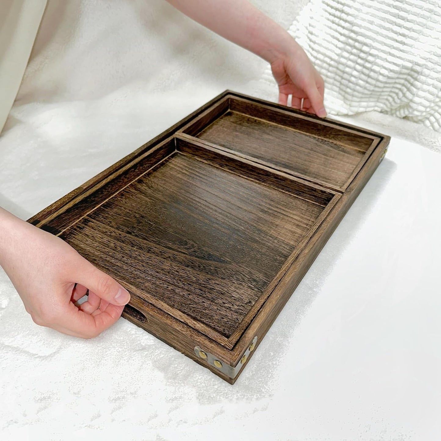 Rustic Wooden Serving Trays with Handle, Serving Platters, Charcuterie Board Set of 3 Nesting Food Trays for Serving Food, Home Decor/Breakfast/Coffee Table/Butler/Ottoman/Bed Tray