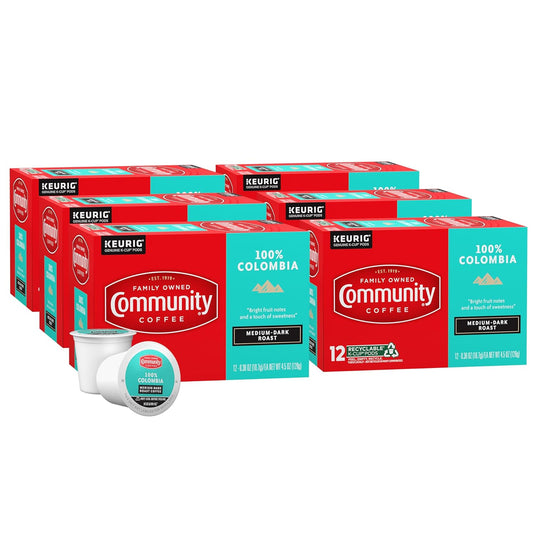 Community Coffee 100% Colombia 72 Count Coffee Pods, Medium Dark Roast, Compatible with Keurig 2.0 K-cup Brewers, 12 Count (Pack of 6)