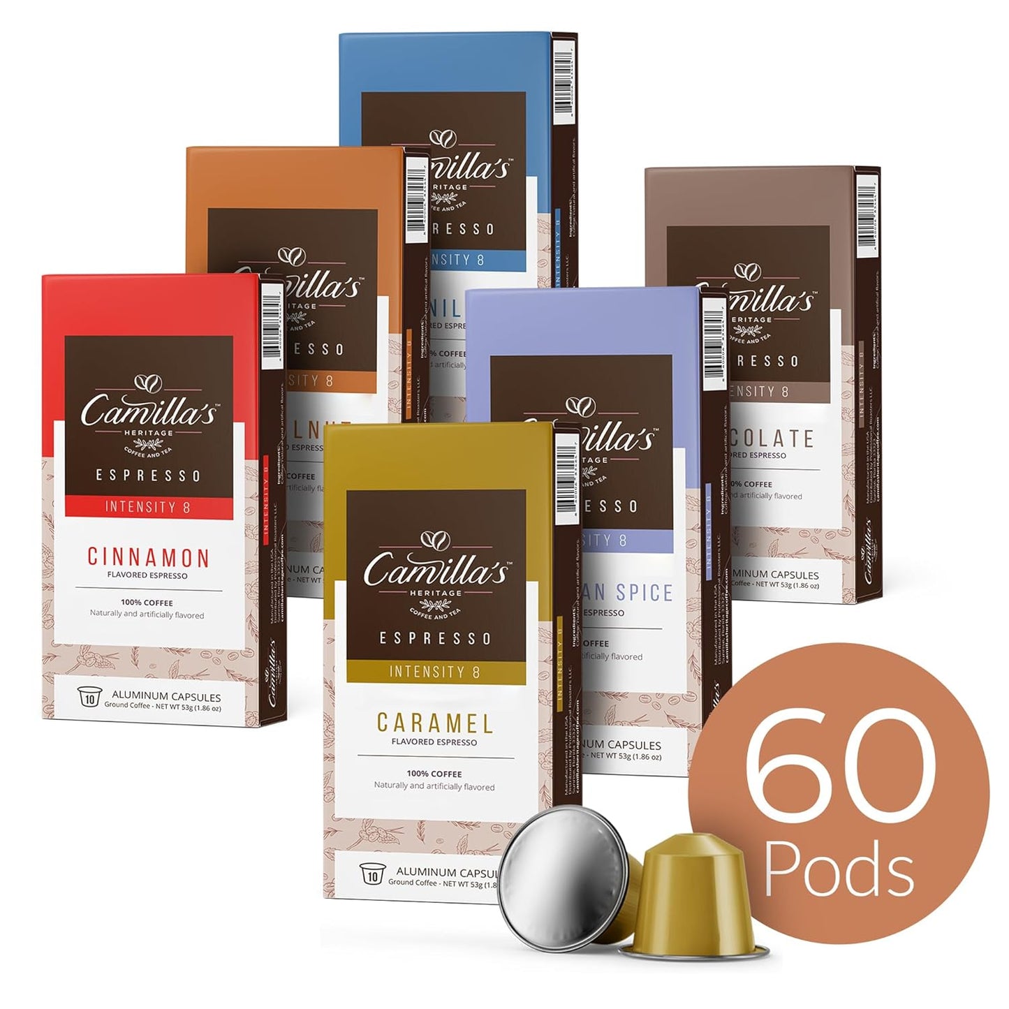 Camilla’s Heritage - Intensity 8 Flavored Espresso Coffee Variety Pack (Caribbean Spice, Cinnamon, Hazelnut, Chocolate, Caramel & Vanilla Espresso Cups) 60 Coffee Pods