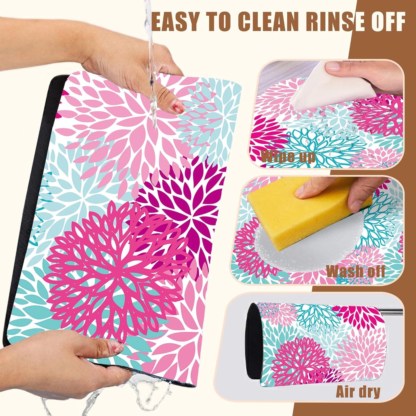 Pink Blue Chrysanthemum Flowers Dish Drying Mat for Kitchen Counter Coffee Bar Mat Hide Stain Absorbent Rubber Backed Drying Rack Pad Espresso Machine Coffee Bar Accessories 15.7 x 23.6 Inch
