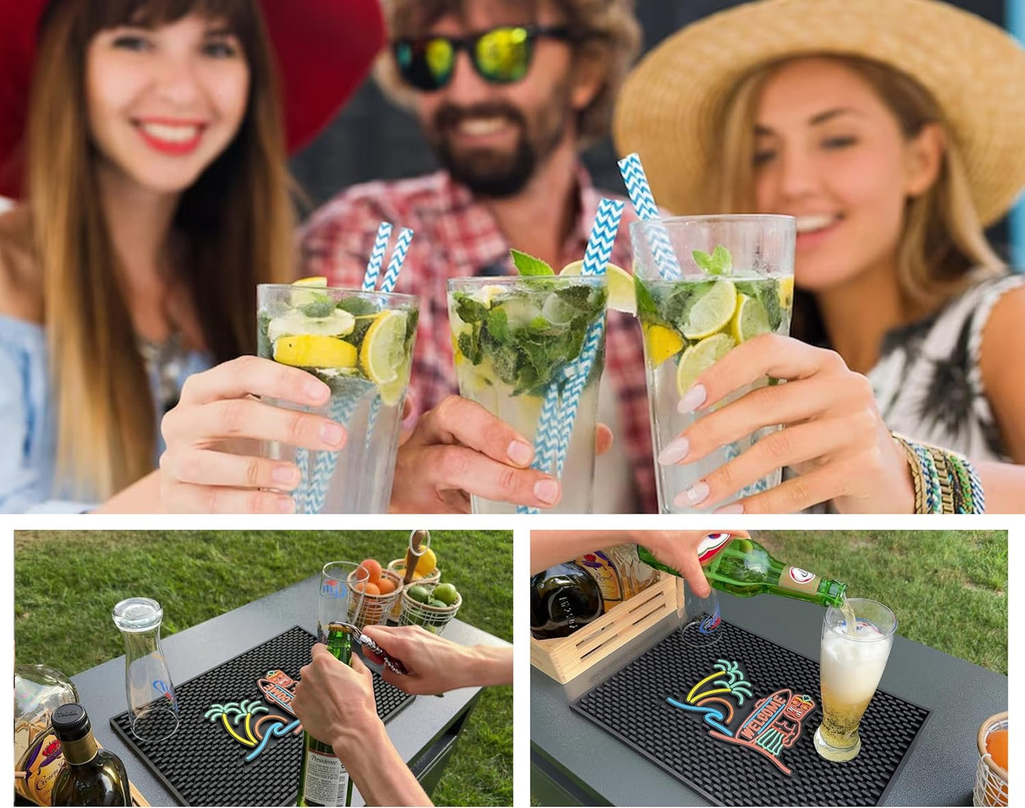 Tiki Bar Mats for Countertop 18 x 12 Tiki Bar Decor Mat Unique Tiki Man Warrior Design with Surfboard Welcome Greeting Tiki Decor, Outdoor Tiki Bar Sign and Luau Party Decorations