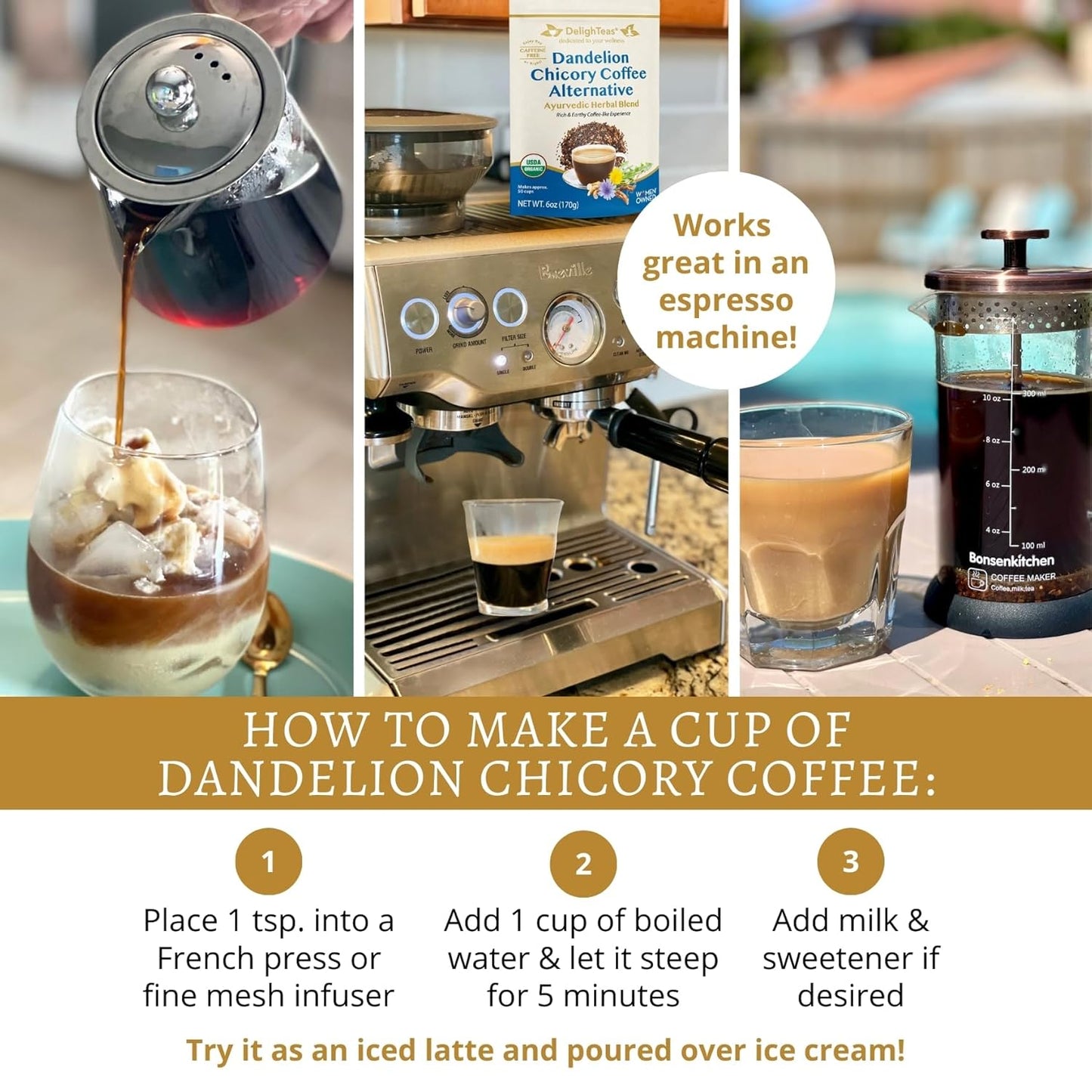 DelighTeas Organic Coffee Alternative | Ayurvedic Herbal Chicory Dandelion Coffee | Coffee Substitute | USDA Organic, Caffeine Free, Gluten Free | With Sweet Notes of Carob | 50 servings, 6oz.