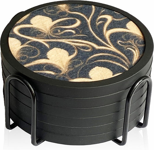 Absorbent Coasters for Drinks with Holder - 6packs, Silicone Coaster with Soft Felt Insert (4.3 inch Coasters with 4.5 inch Holder, Dual-Sided Flower -Themed Patterns)