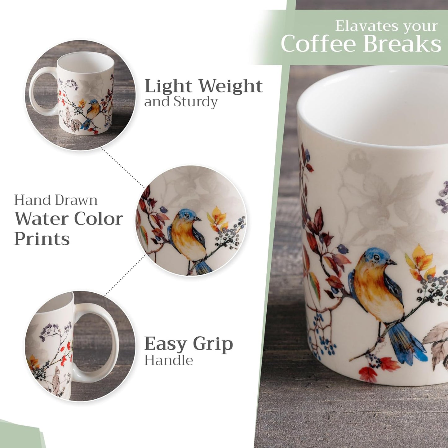 Maison d' Hermine Coffee Mug with Handles Fine Bone China Mugs Pack of One Tea Cups for Hot Beverages Cappuccino Latte Home Restaurant Office Perfect for Gift (Equinoxe - Beige Sparrows, 12 Ounce)