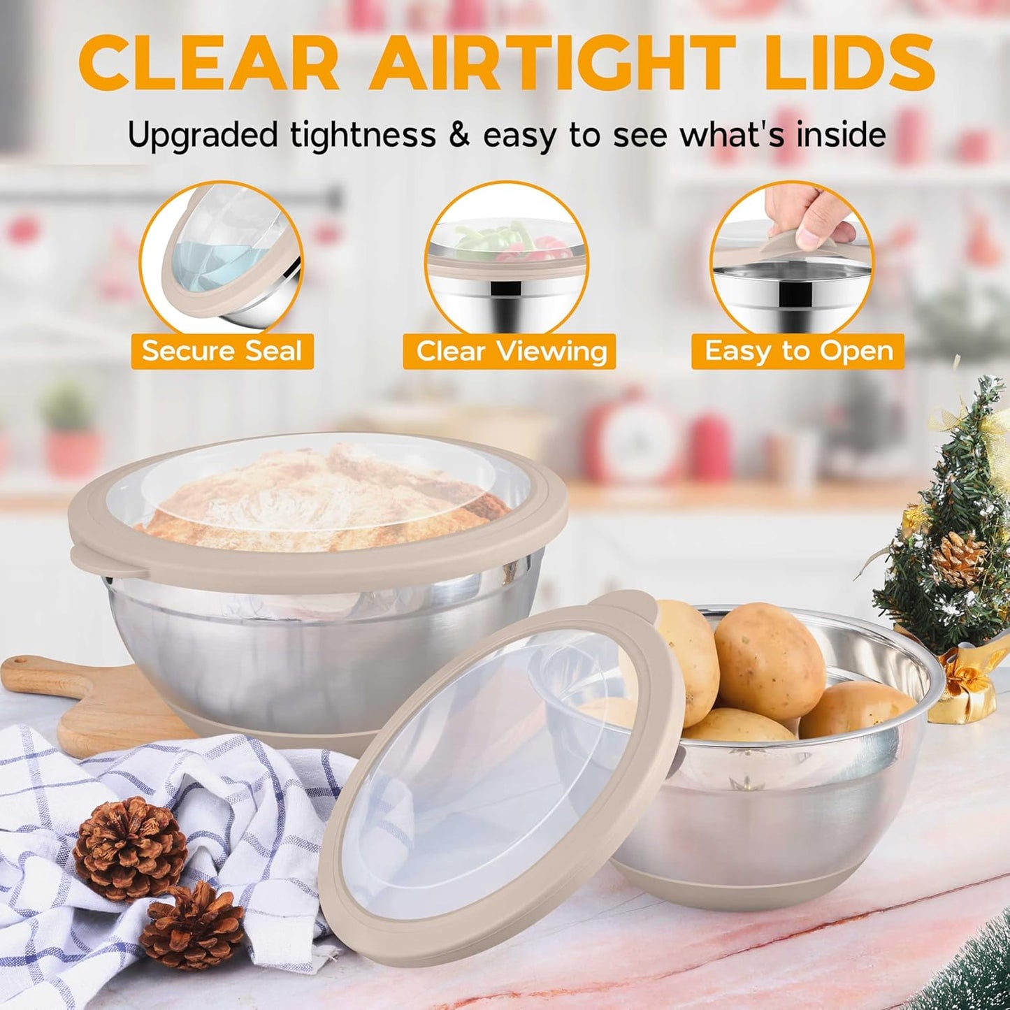 Mixing Bowls with Lids Set of 6, Large Metal Nesting Mixing Bowls, Stainless Steel Non-Slip Salad Bowl Khaki – Size 1, 1.5, 2, 2.6, 3.5, 7QT