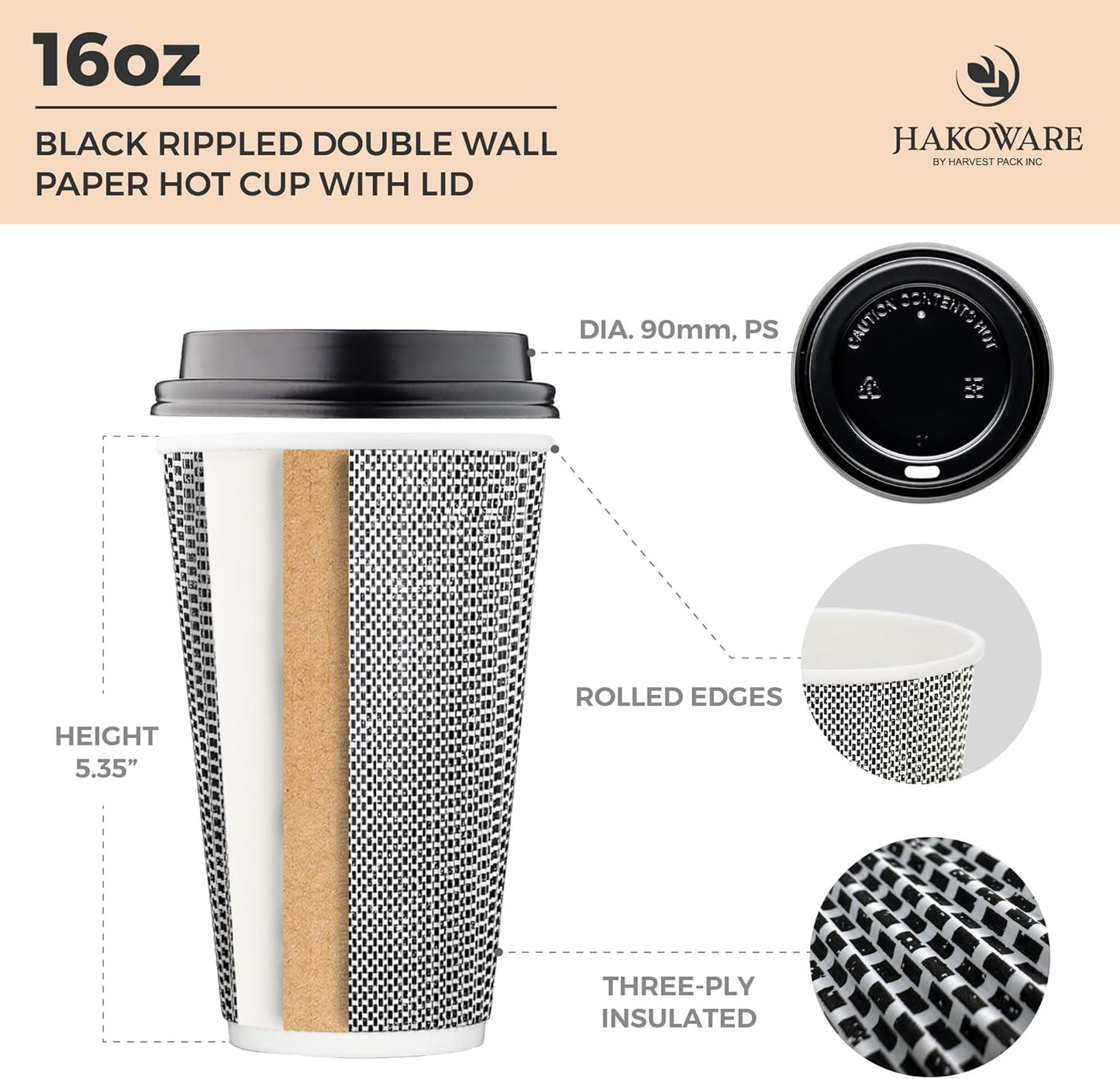 [85 SET]Harvest Pack 16 oz Coffee Cups, Disposable Insulated Coffee Cups, Ripple Double-Walled Paper Cups with Lids, Black and White Geometric, Drinking Cups for Tea Hot Chocolate Drinks To go
