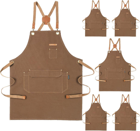 Genixart 6 Bulk Pack Chef Apron for Men Women with Pockets, Cross Back Apron for Kitchen Cooking Baking Artist Painting, Cotton Canvas Work Aprons for Restaurant, Cafe Shop, Garden (Brown, M to XXL)