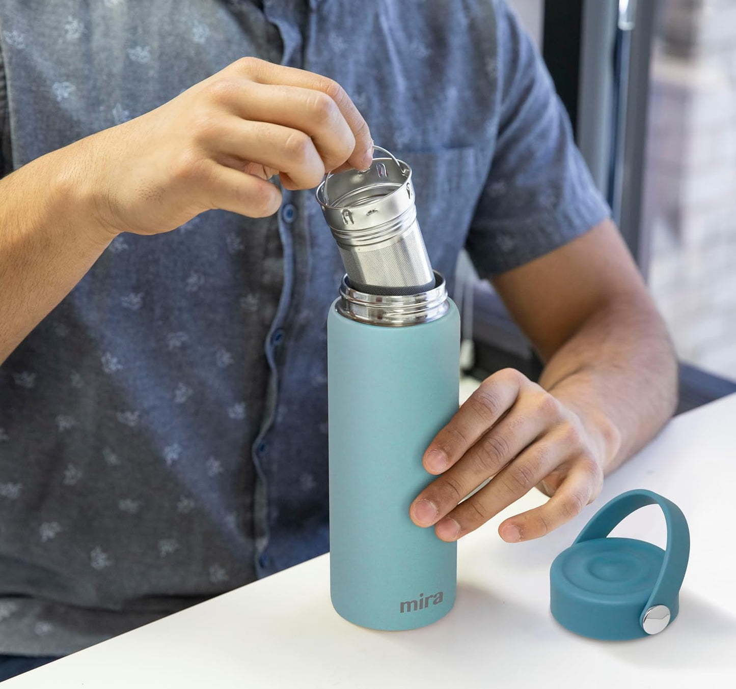 MIRA 18 oz Tea Infuser Thermos - Stainless Steel Travel Bottle with Removable Strainer for Loose Leaf Tea - Insulated Hot & Cold Brew Steeper - Pearl Blue