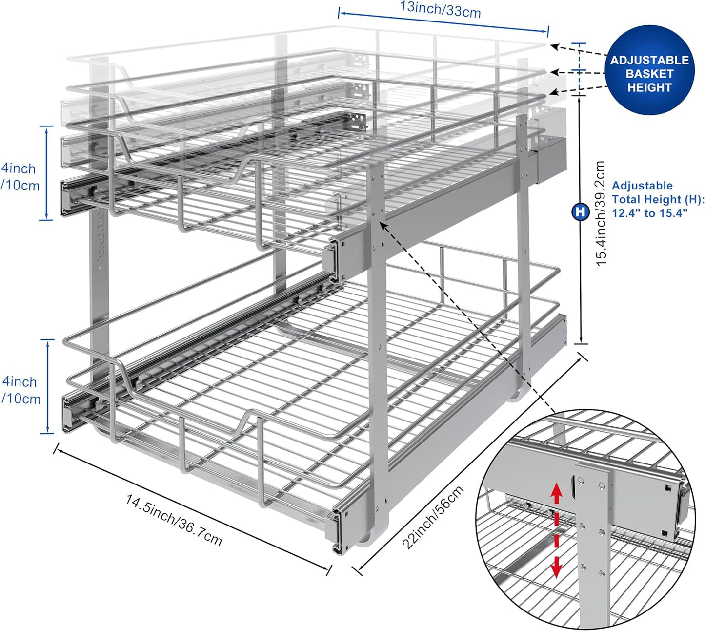 2 Tier Pull Out Cabinet Organizer 15" W X 22" D, Slide Out Drawers For Kitchen Cabinets, Pull Out Drawers For Cabinets Capacity Heavy Duty Caddy, Cabinet Pullout Shelves Chrome-Plated,Bathroom Pantry