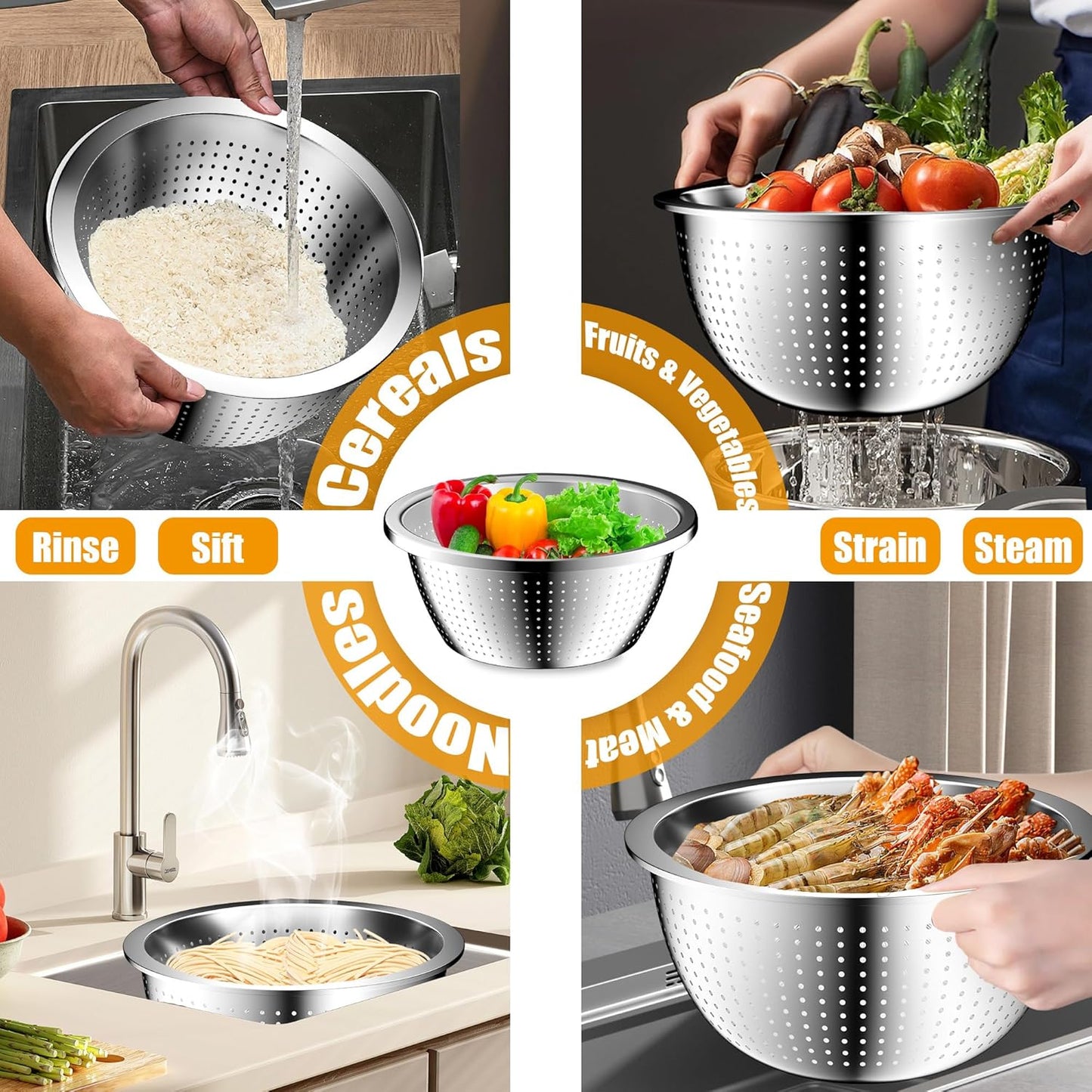 Mixing Bowls with Airtight Lids Set, 4 Stainless Steel Bowls Nesting Bowls & Colander, Kitchen Organizers and Storage Non-Slip Bottom, Size 1.5/2.0/2.5/4.5QT, Great for Mixing & Serving, Khaki