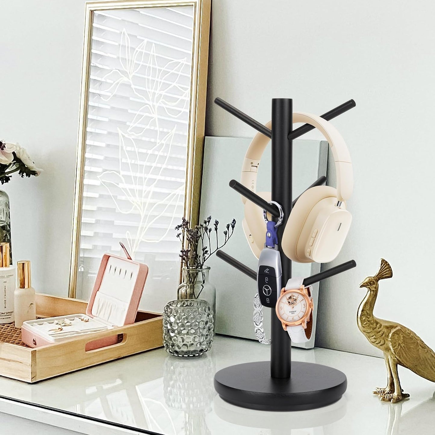 MyLifeUNIT Mug Holder Tree, 360° Rotated Coffee Cup Holder with 6 Hooks, Wooden Coffee Mug Holder Organizer for Counter Top, Coffee Bar Accessories (Black)