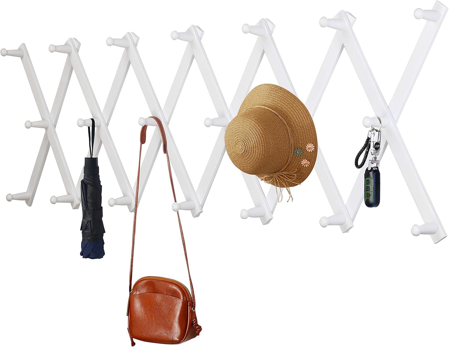 Dseap Accordian Wall Hanger: Wooden Coat Rack Wall Mounted, Hat Racks for Baseball Caps, Mug Rack, 20 Peg Hooks, White
