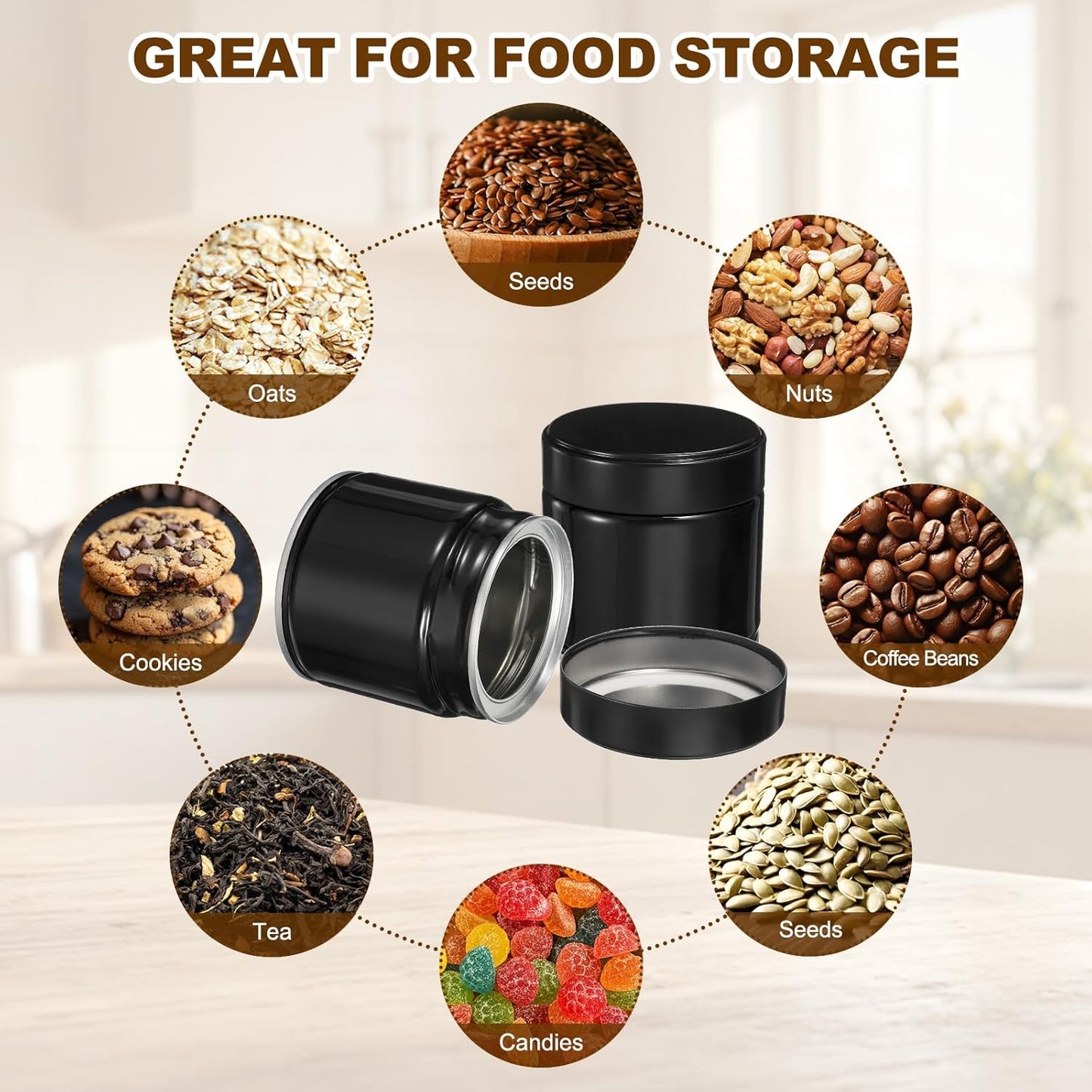 uxcell 2Pcs Round Tea Canisters, 3" x 3" Airtight Metal Tea Containers for Loose Tea, Coffee Beans, Spices - Durable, Compact, and Stylish Storage Tea Tin (Black)