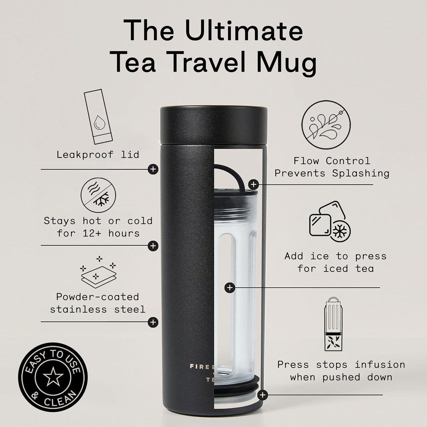 Firebelly Tea, Travel Tea Infuser Mug with Strainer, Insulated Tumbler for Loose Leaf Tea or Coffee, Leakproof Bottle for Hot or Iced Drinks, Stainless Steel Thermos with Lid, Noir