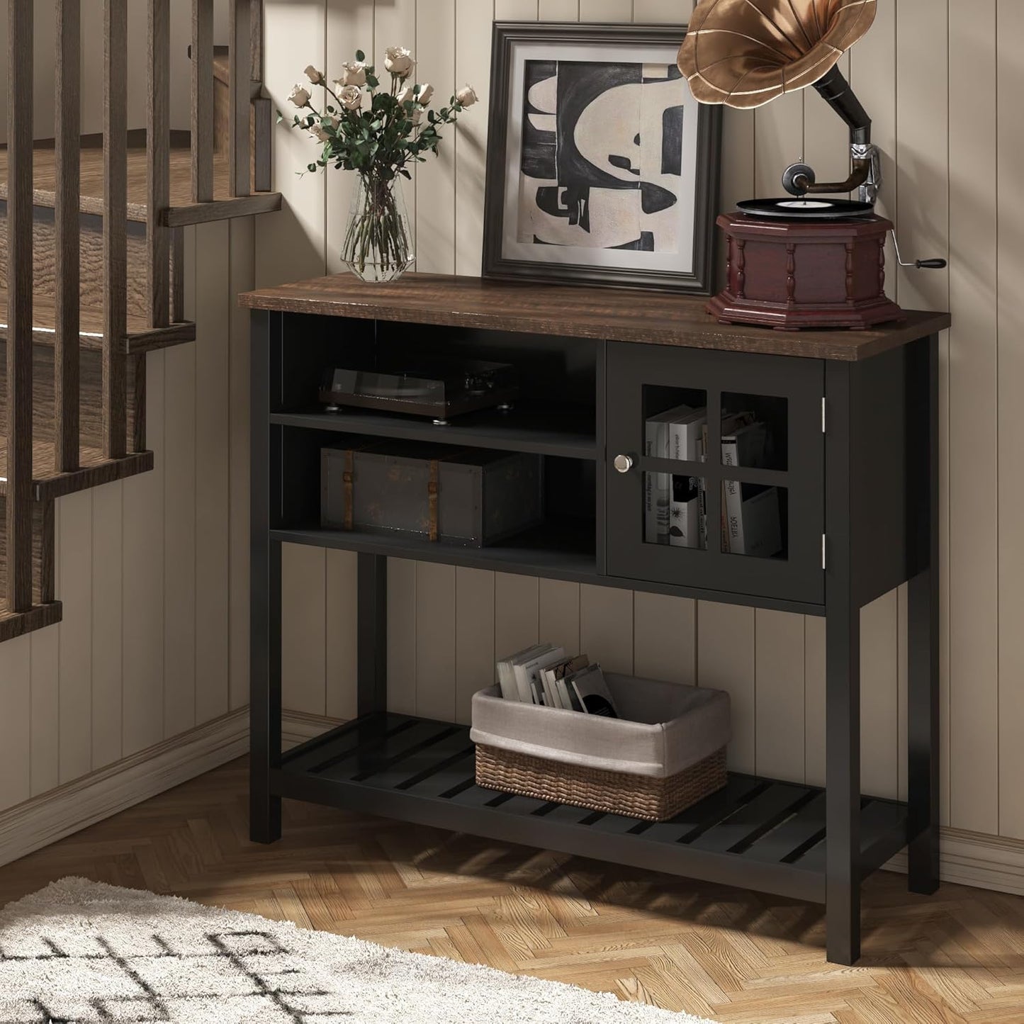 ChooChoo Farmhouse Coffee Bar Cabinet, Buffet Cabinet with Storage, Sideboard Buffet with Glass Door, Console Table for Kitchen, Hallway, Entrance, Black