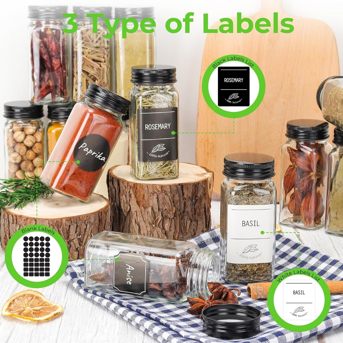 CycleMore 36 Pack 4oz Glass Spice Jars, Square Spice Containers with Black Metal Caps and Pour/Sift Shaker Lid-280pcs Labels,1pcs Silicone Collapsible Funnel and Brush Included