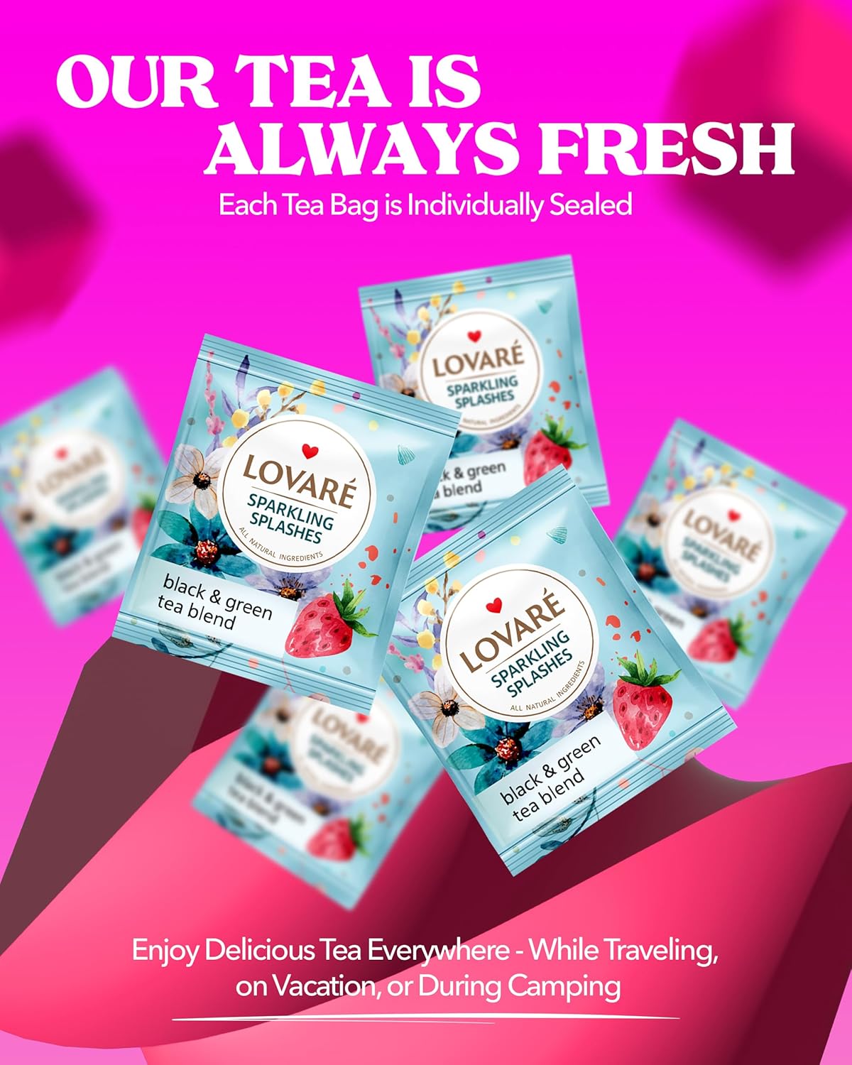 LOVARE Sparkling Splashes Tea Bags 64 g - Made in Ukraine - Classic Black and Sencha Green Flavored Tea Blend - Tea Bags Individually Wrapped - Gift Box Sets for Tea Lovers (32 Tea Bags x 2 g Each)