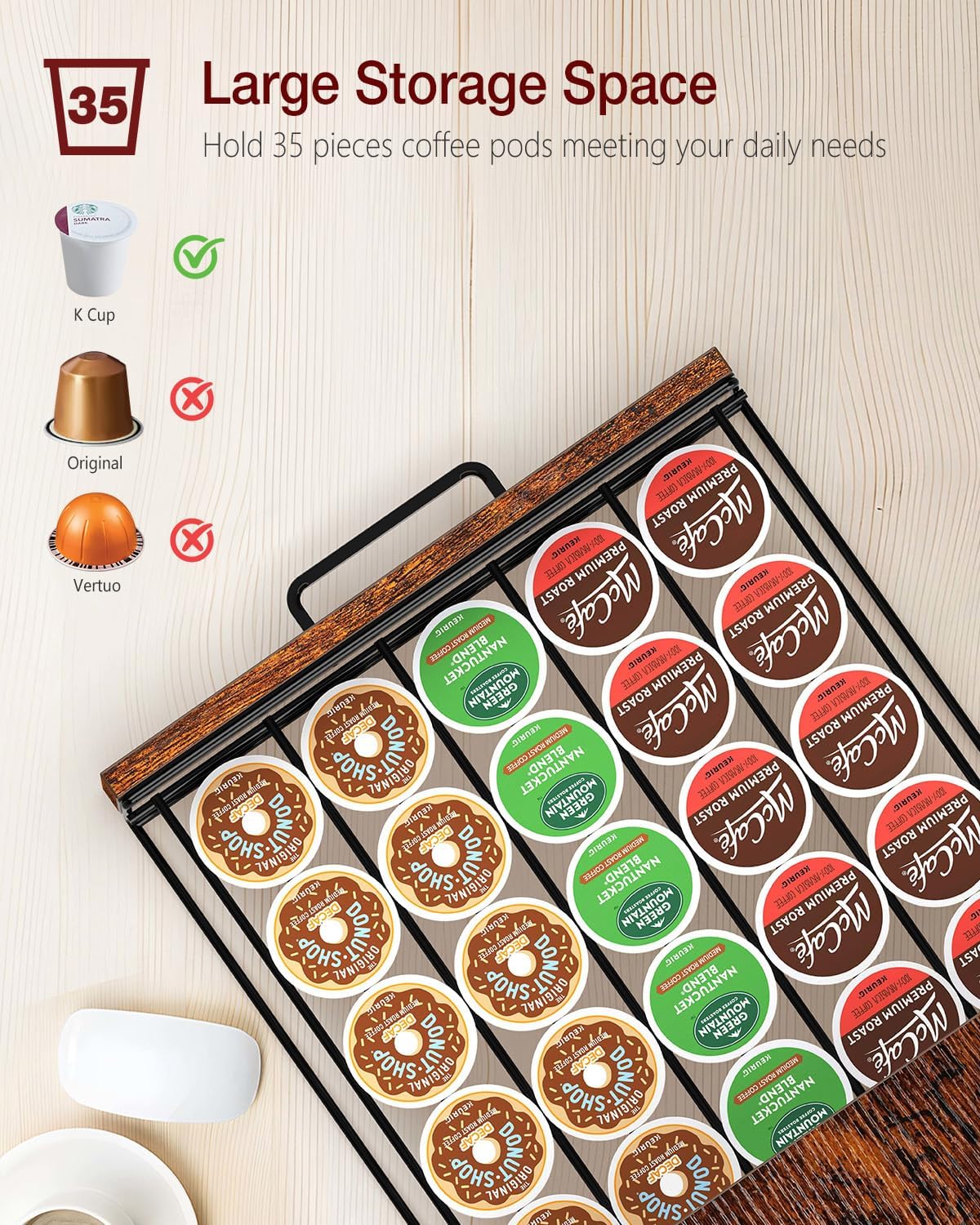 K Cup Holder, 35 Pod Capacity, Coffee Pod Holder Compatible with Keurig, Coffee Station Organizer for Countertop with Cup Rack, Rustic Brown