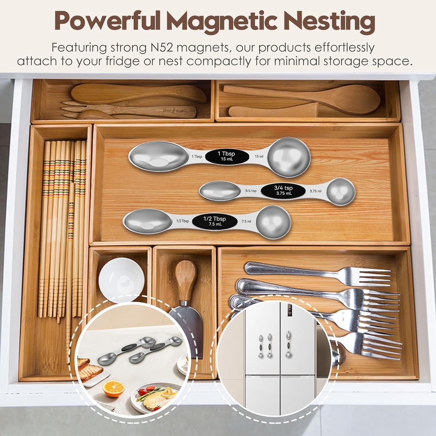 Magnetic Measuring Spoons Set of 8 | Heavy Duty 304 Stainless Steel, Triple Measurement Markings, Strong N52 Magnets, Easy to Clean, Space-Saving with Leveler Included (Black)