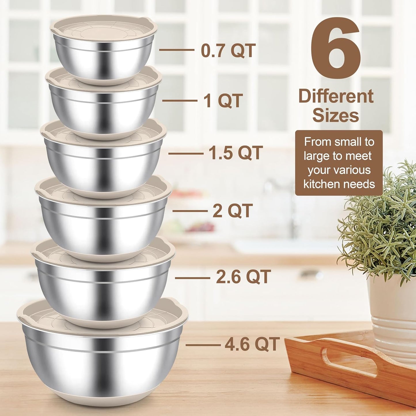 TeamFar Khaki Mixing Bowls, 6-Piece Stainless Steel Nesting Salad Bowls with Lid Set for Prepping Baking, Non-Toxic & Stackable, Air-Tight Lid & Non Slip Bottom, 4.6/2.6/2/1.5/1 / 0.7 QT