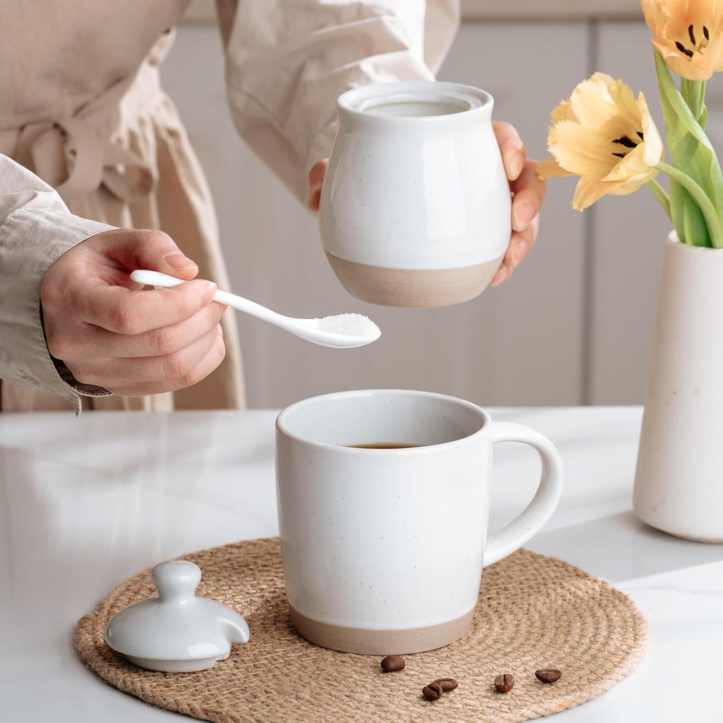 famiware Milkyway Sugar Bowl with Lid and Spoon, 10oz Ceramic Sugar Jar/Pot/Dispenser for Salt, Condiments, Spice, Seasonings, Sugar Container for Coffee Bar, Home, Kitchen, and Countertop, White