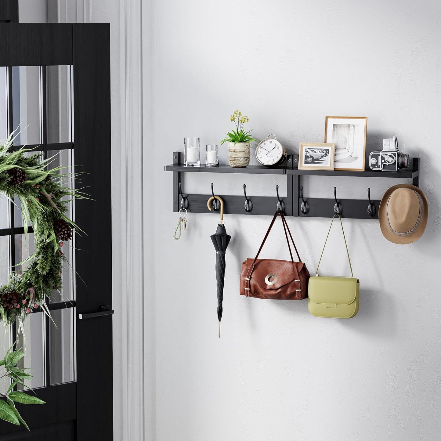 Coat Rack with Shelf, 2 Pack Bamboo Wall-Mounted Coat Hanger with 8 Hooks for Entryway, Hallway, Kitchen, Bathroom, Living Room, Utility Room (Black)