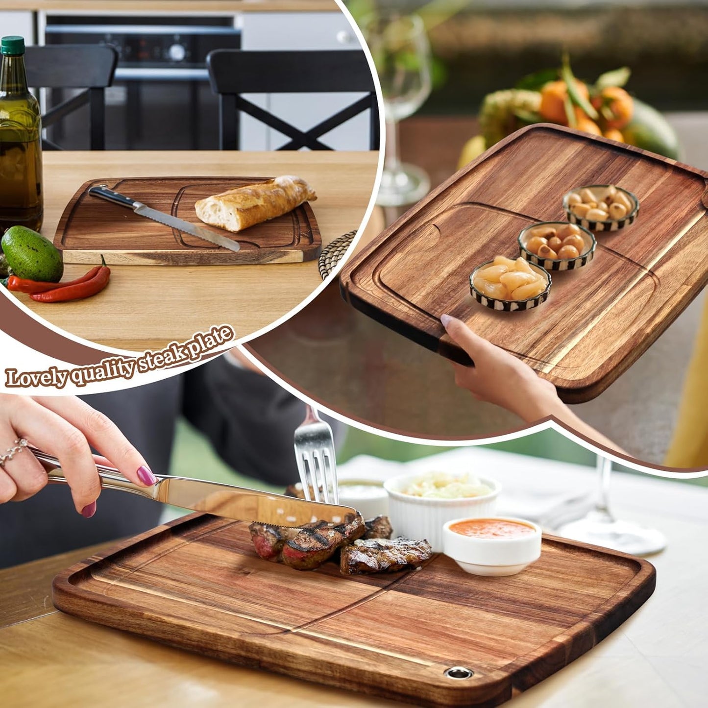 Uiifan 1 Pcs Steak Plates with Juice Channel Wooden Steak Board Set Acacia Cutting Serving Board for Home Serving Eating Meat Dishes Snack Dessert, 13 x 11 x 0.6 Inch