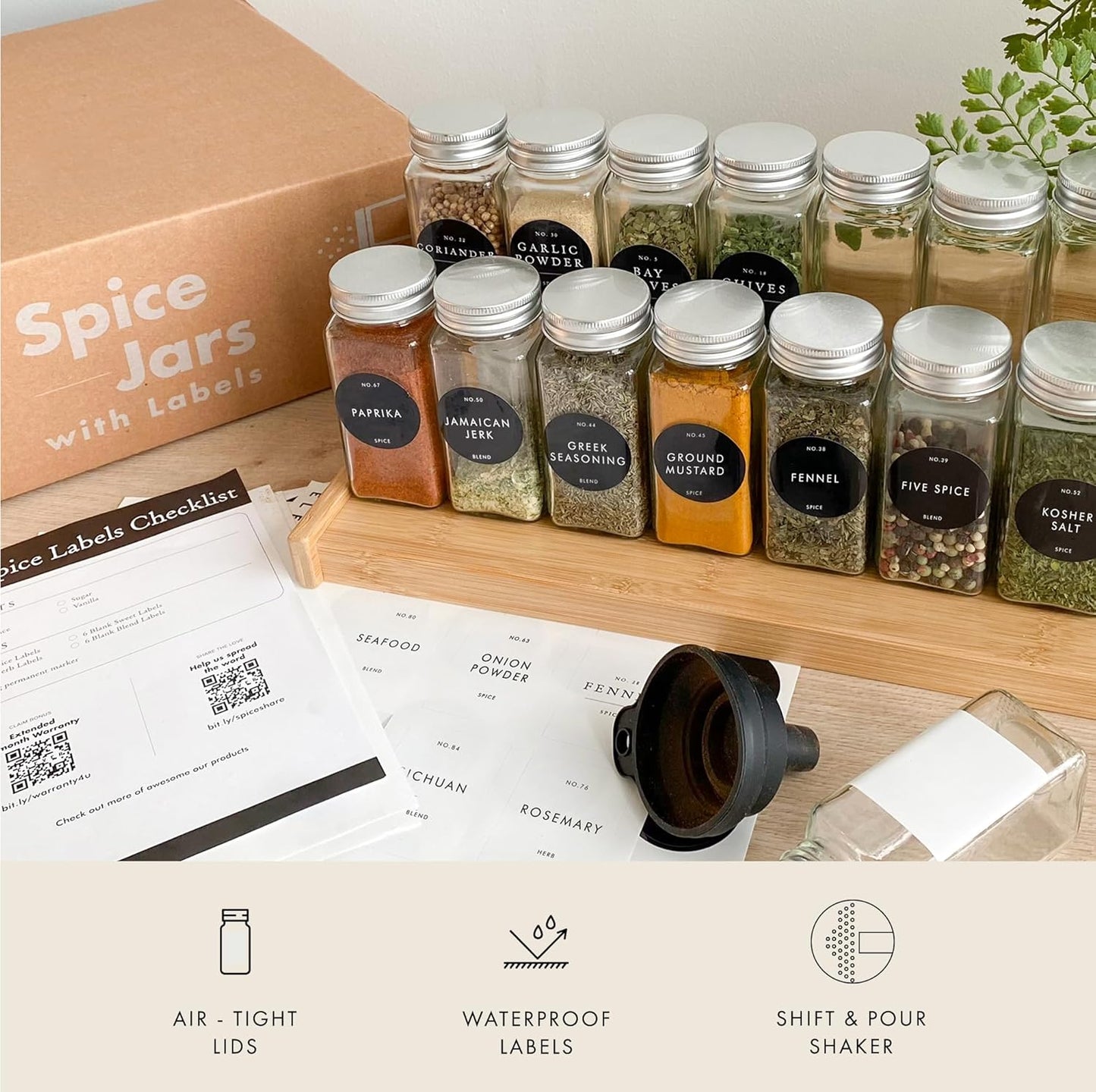 Glass Spice Jars with Labels with Metal Lids and Shakers Minimalist 36 Pack Set, 4oz Small Clear Empty Spice Bottles Seasoning Containers with Label Organizer Square Herb Seasoning Jars for Kitchen