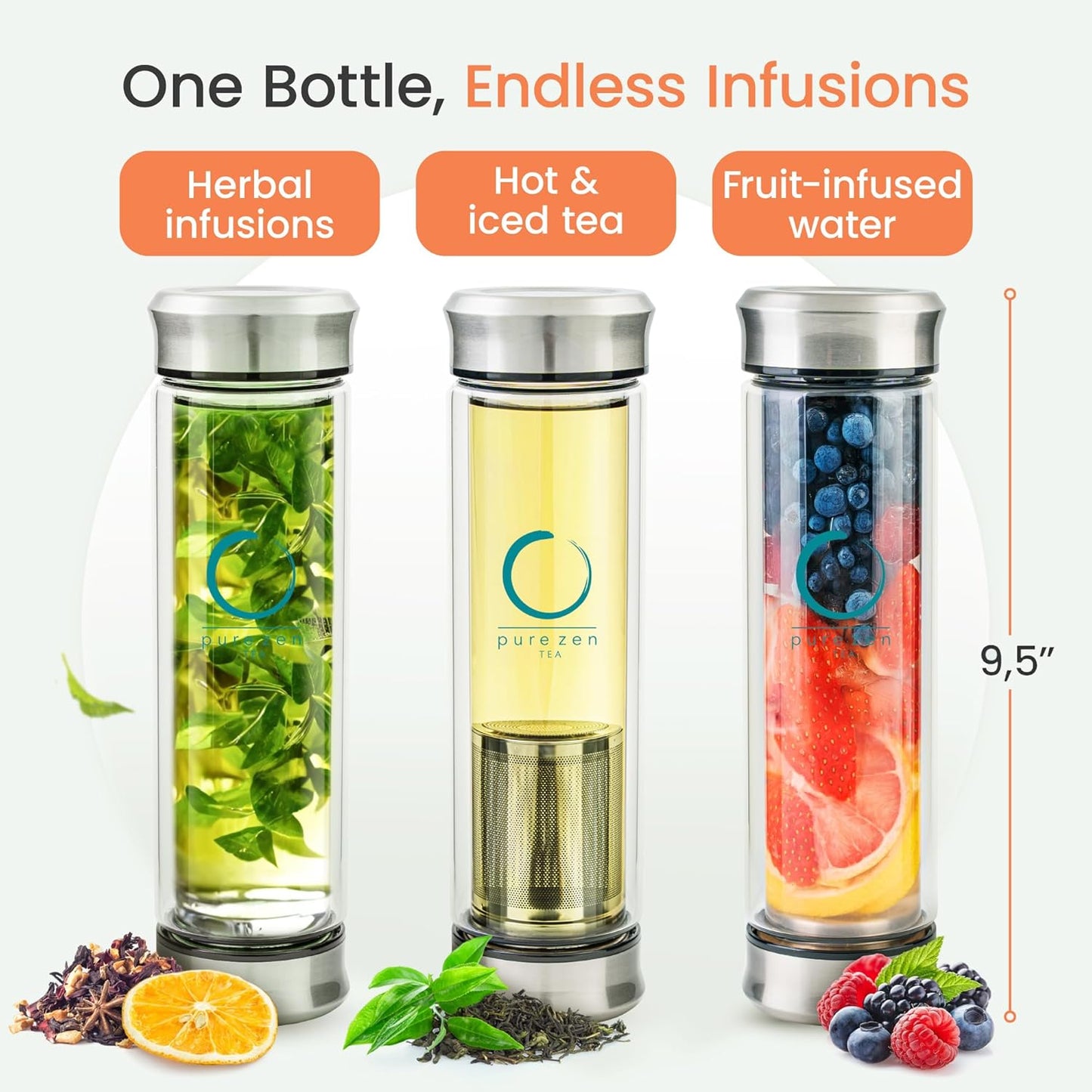 Pure Zen Tea Tumbler with Infuser - Double Wall Glass Travel Mug with Stainless Steel Filter - Leakproof Tea Infuser Bottle for Loose Leaf Infusions and Fruit Infused Water - Unique Gift Set - 13 oz