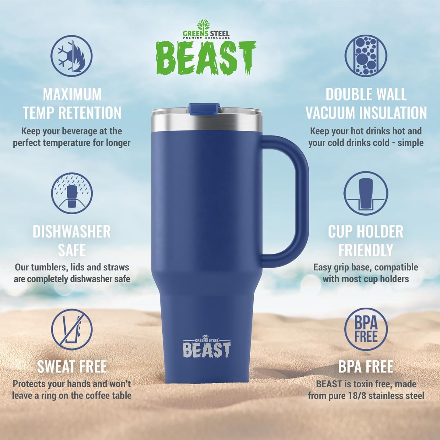 Beast 42 oz Tumbler Stainless Steel Vacuum Insulated Coffee Ice Cup Double Wall Travel Flask (Royal Blue)