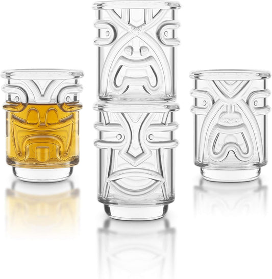 Final Touch Tiki Shot Glasses Set of 4 - Kanaloa, Lono, Kū, Kāne Designs, 2 oz (60 ml), Clear, Stackable Totem Pole Storage, Durable Glassware for Tropical Shots (TK5301)
