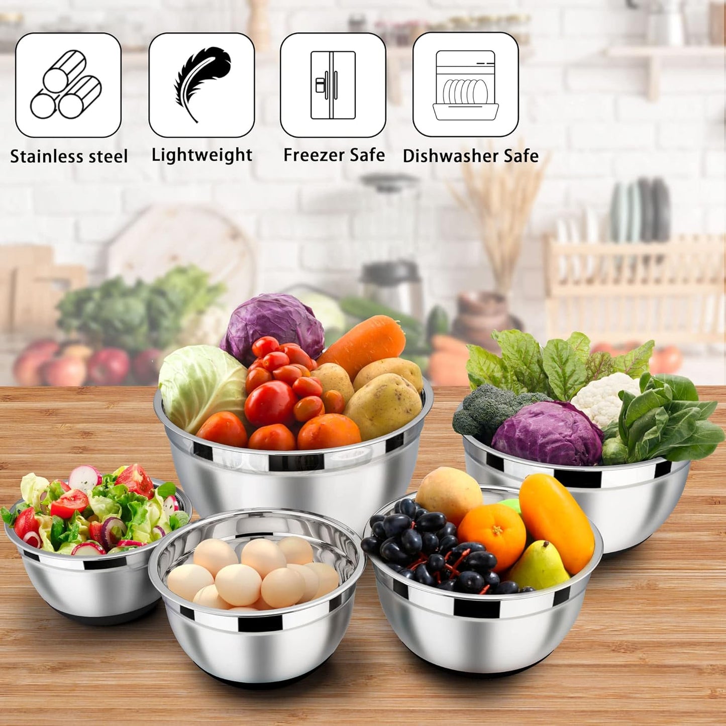 LIANYU Stainless Steel Nesting Mixing Bowls Set of 6 with Airtight Lids, Size 7, 3.5, 2.5, 2, 1.5, 1QT, Large Metal Bowls for Baking Cooking Food Storage, Non-slip Bottom, Black