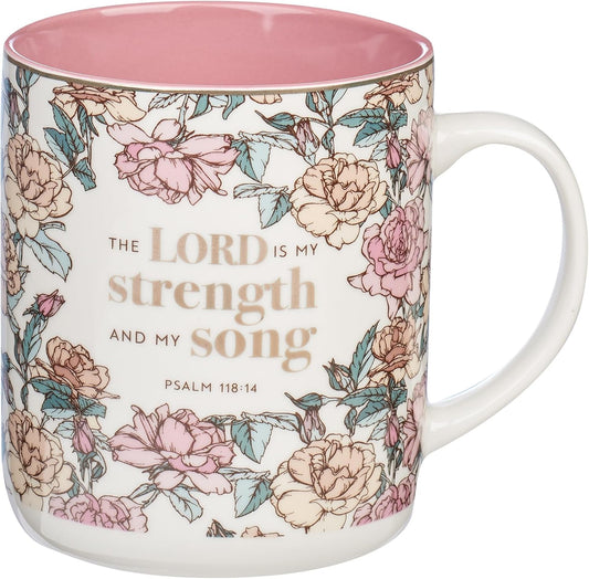 Christian Art Gifts Pink Floral Ceramic Coffee Mug – 14 oz. Lead and Cadmium-free Non-toxic Inspirational Scripture Coffee and Tea Mug for Women with Bible Verse: My Strength and My Song –Psalm 118:14