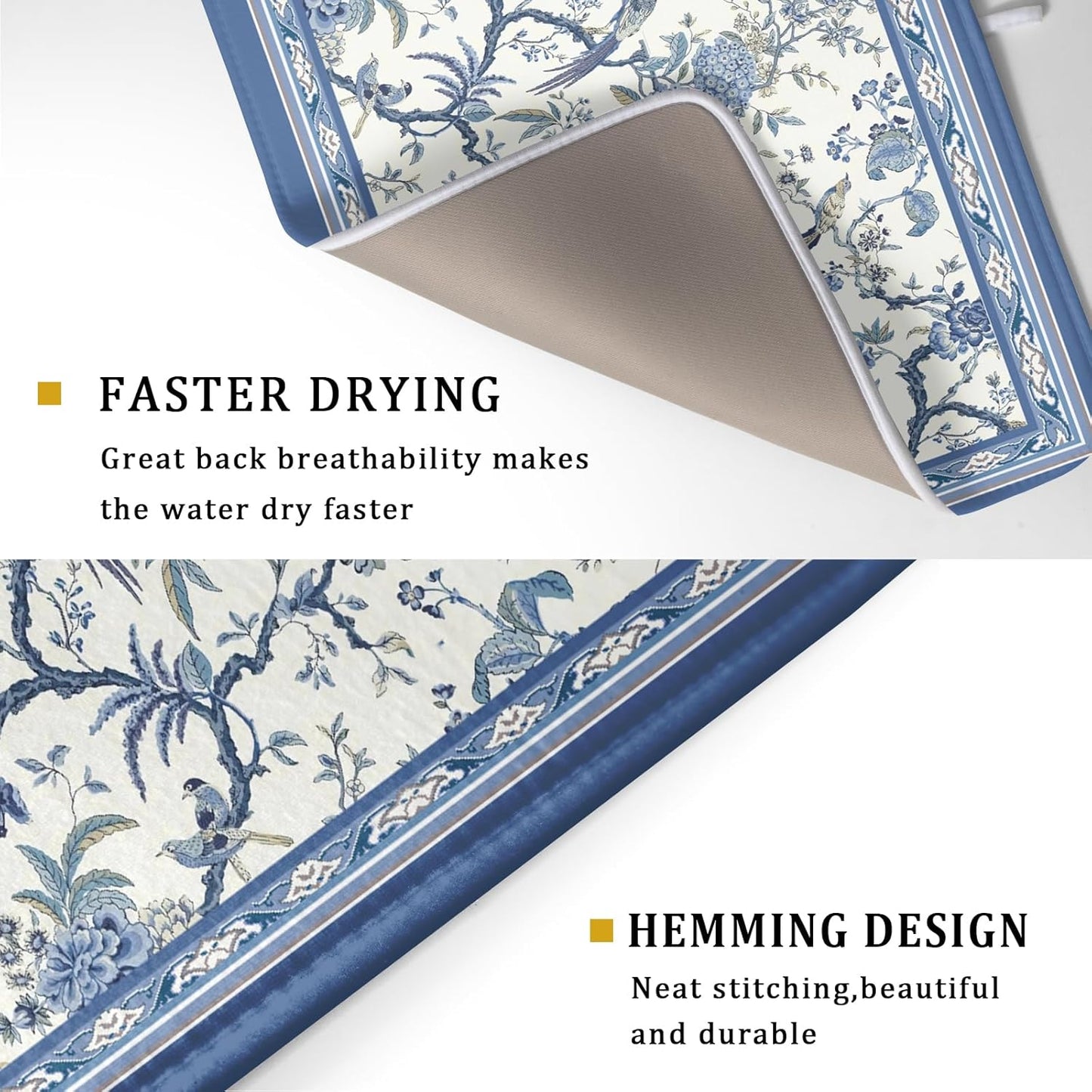 Giwawa Chinoiserie Dish Drying Mat 18x24in Blue White Oriental Floral Birds Kitchen Drainer Mats Porcelain Flowers Absorbent Microfiber Dish Drying Pad Large for Countertop Home Decor